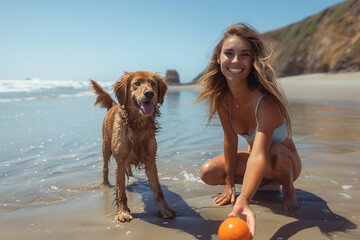 Beautiful young woman in bikini playing with her dog on the beach