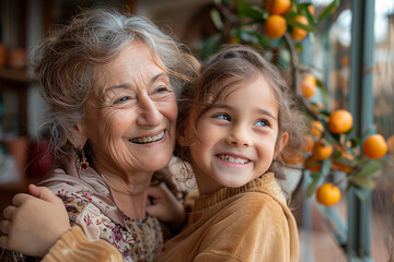 Portrait of smiling grandmother and granddaughter with tangerines at home