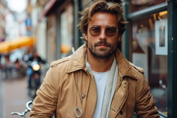 A well-groomed man wears sunglasses and a casual jacket, set against a blurred urban background, exuding confidence and style