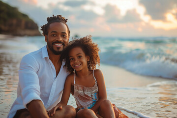 Happy african american father and daughter sitting on beach at sunset
