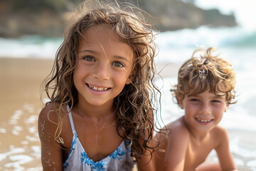 Portrait of cute little boy and girl smiling at camera on beach