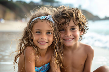 Portrait of two adorable little children having fun on beach during summer vacation