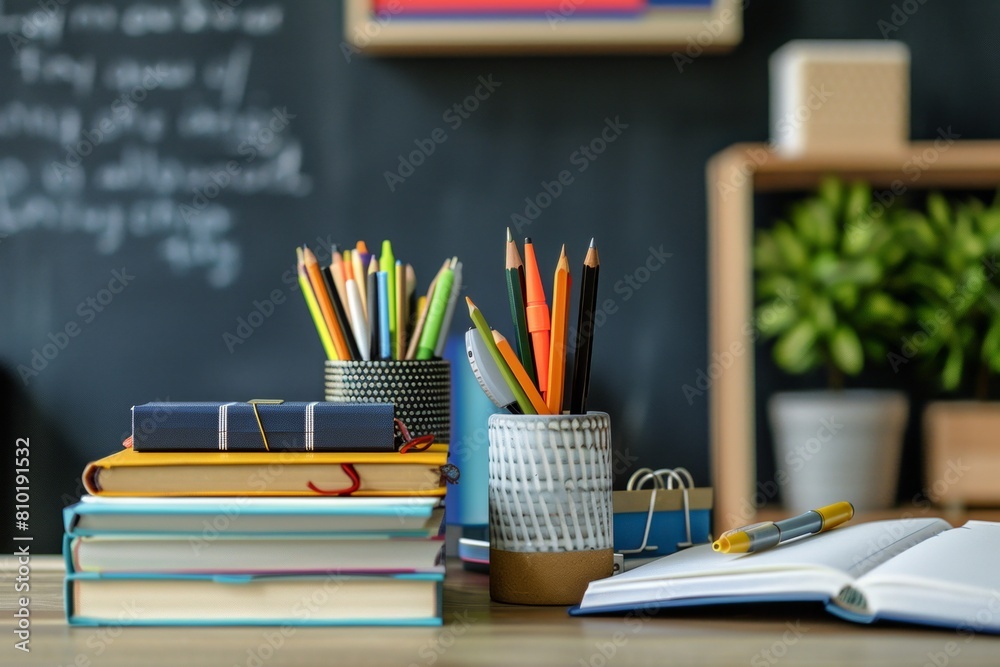 Fototapete a cluster of colorful books and sharpened pencils neatly arranged on a wooden desk, creating a harmo