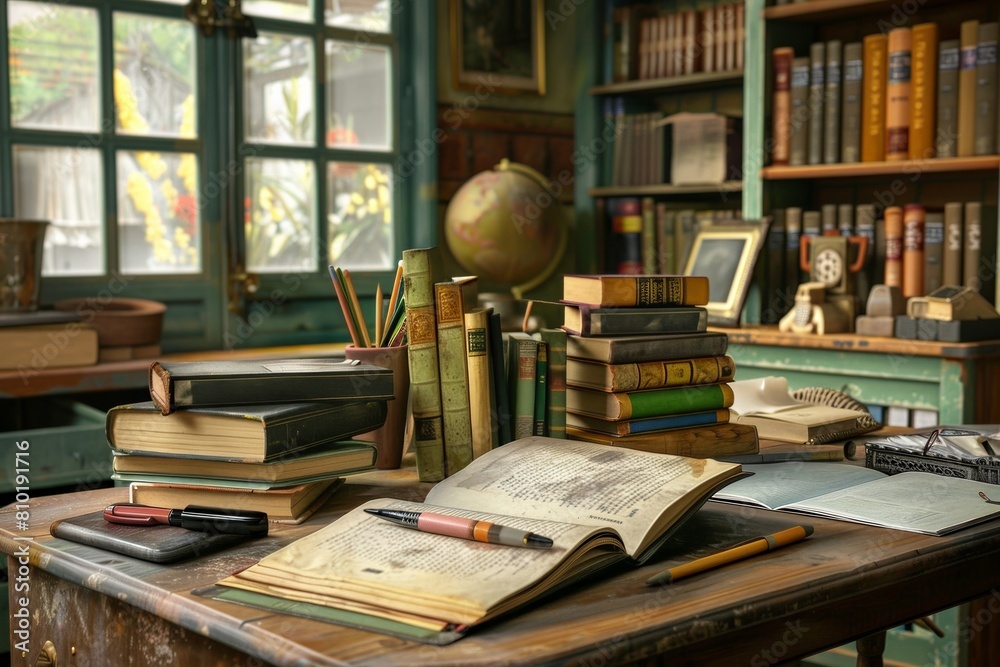 Aufkleber a desk covered with a plethora of books of all sizes and colors, illuminated by a glowing lamp. pens