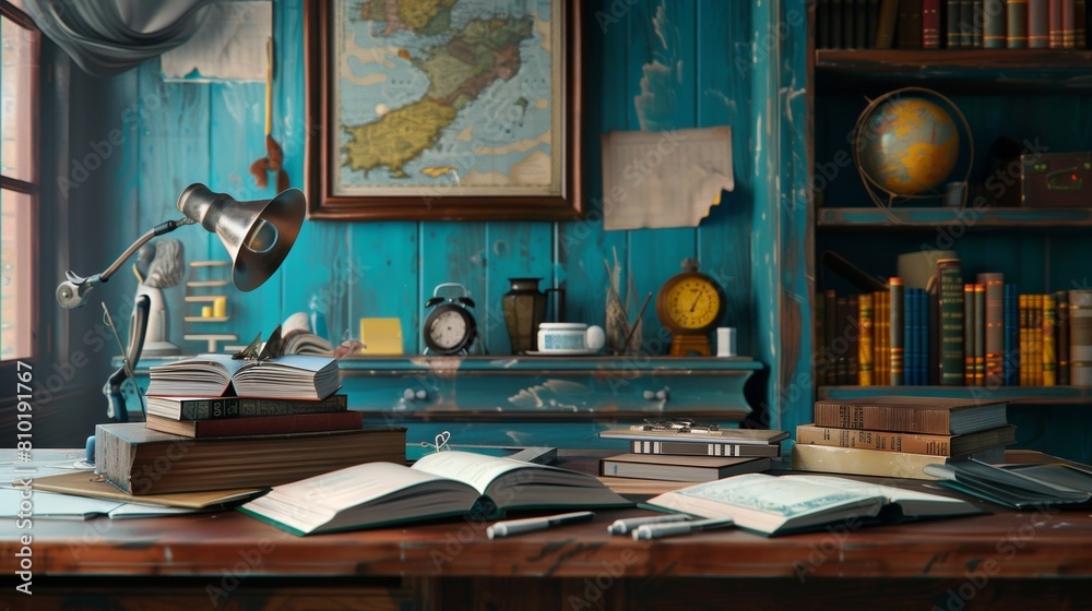 Poster A wooden desk adorned with books, a glowing lamp, and a detailed map, creating a cozy and intellectual setting. Generative AI