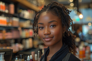 Beautiful african american woman with afro hairstyle posing in cosmetics shop