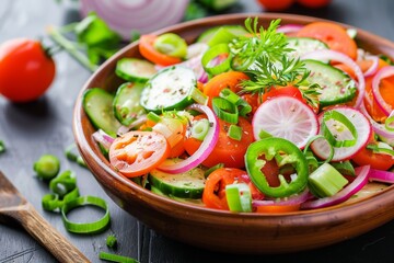Wooden Bowl Filled With Fresh Vegetable Salad