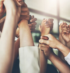 Business people, holding hands and group solidarity with support for team building, help or...