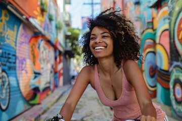 Naklejka premium A woman with a radiant smile, riding a bicycle through a vibrant city street filled with colorful murals