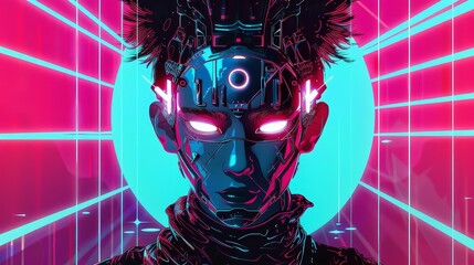 cyberpunk anime boy with oni mask sign pose futuristic neon head design illustration