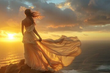 A woman standing on a cliff, her flowing dress billowing in the wind, as she gazes at the sunset over the ocean, radiating peace and contentment