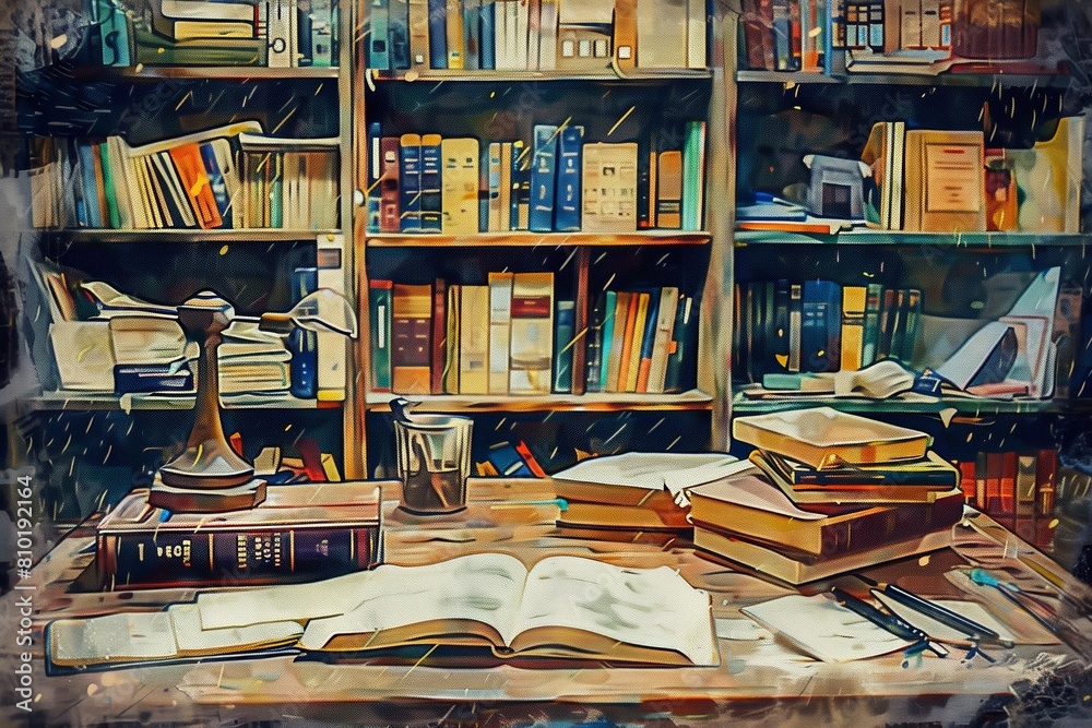 Leinwandbilder a painting featuring a table adorned with stacked books and a glowing lamp, creating a cozy and stud