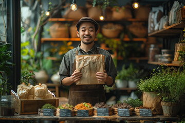 happy asian male florist in apron holding paper bag with plants