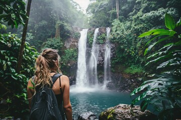 A woman admiring a cascading waterfall in a lush jungle, with mist rising from the pool below, surrounded by towering trees and vibrant flora, feeling the power and beauty of nature