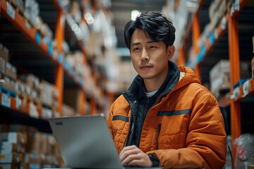 Asian man working with laptop in warehouse. This is a freight transportation and distribution warehouse