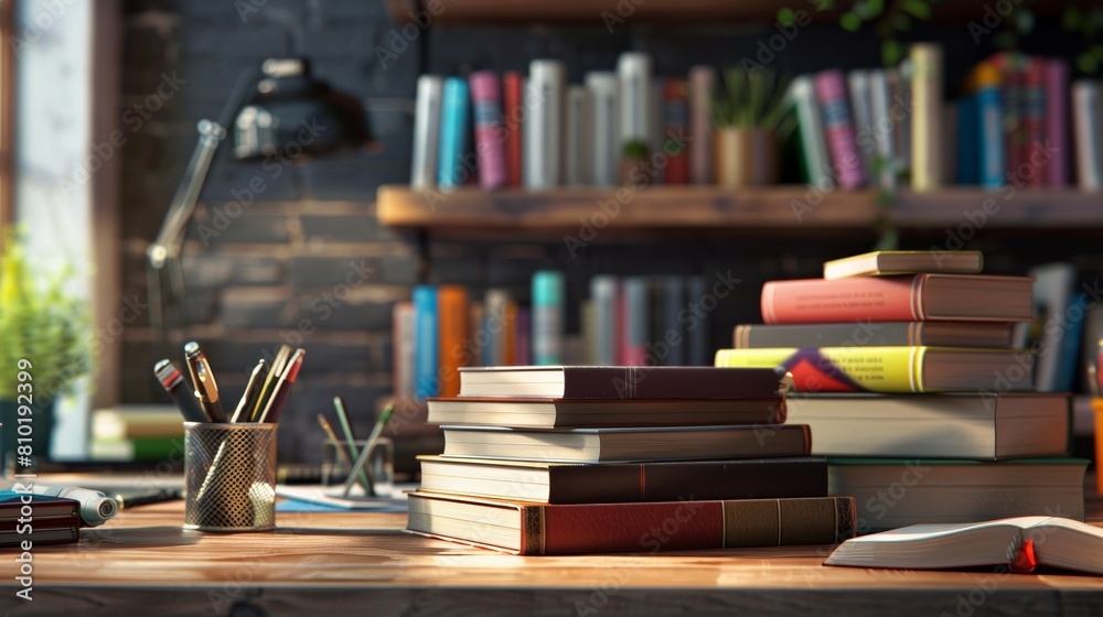 Poster A stack of books placed carefully on a rustic wooden table, creating a captivating display of literature and learning. Generative AI