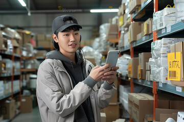 Young Asian man using smartphone in warehouse. This is a freight transportation and distribution warehouse.