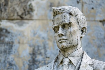 Obraz premium A portrayal of a modern businessman transformed into a statue of stone, reminiscent of the iconic sculptures of ancient Greece