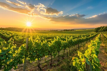 A picturesque vineyard at sunset, with rows of grapevines stretching toward the horizon, bathed in...
