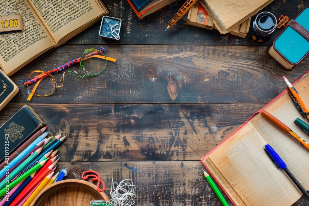 Poster A wooden table is adorned with a plethora of books and pencils, evoking a sense of creativity and learning. Generative AI