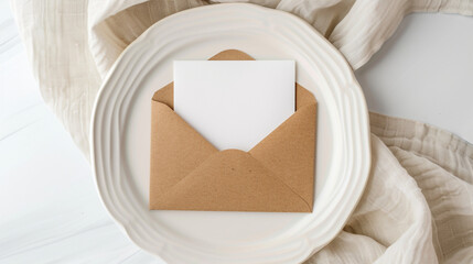 Greeting card mock up. Blank paper invitation, craft envelope on ceramic plate isolated on white table background. top view