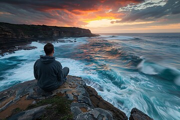 A man sitting on a rocky outcrop overlooking a rugged coastline, with waves crashing against the cliffs below, under the dramatic hues of a sunset sky, contemplating the beauty and power of the sea - Powered by Adobe