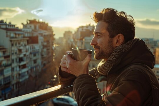 A man savoring a cup of coffee on a cozy balcony, overlooking a bustling cityscape, his contentment evident in the gentle morning light