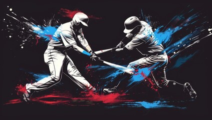  two baseball players hitting the ball on black background with blue red grunge brush strokes Generative AI