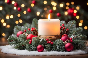 Romantische Weihnachtsdekoration mit Kerze und Baumschmuck