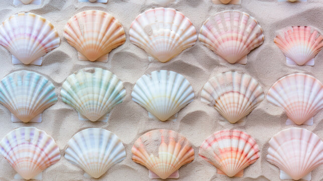 delicate pastel scallop shells beautifully arranged on a sandy texture