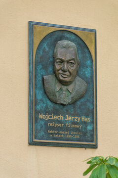 Lodz, Poland - April 14, 2024: Memorial plaque dedicated to Wojciech Jerzy Has.