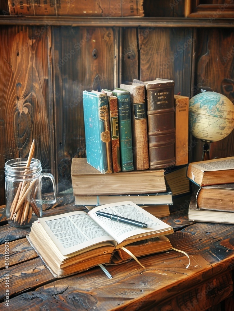 Leinwandbilder a collection of various books stacked on a wooden table, creating a tower of knowledge waiting to be