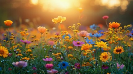 Vibrant Field of Colorful Flowers With Trees in Background