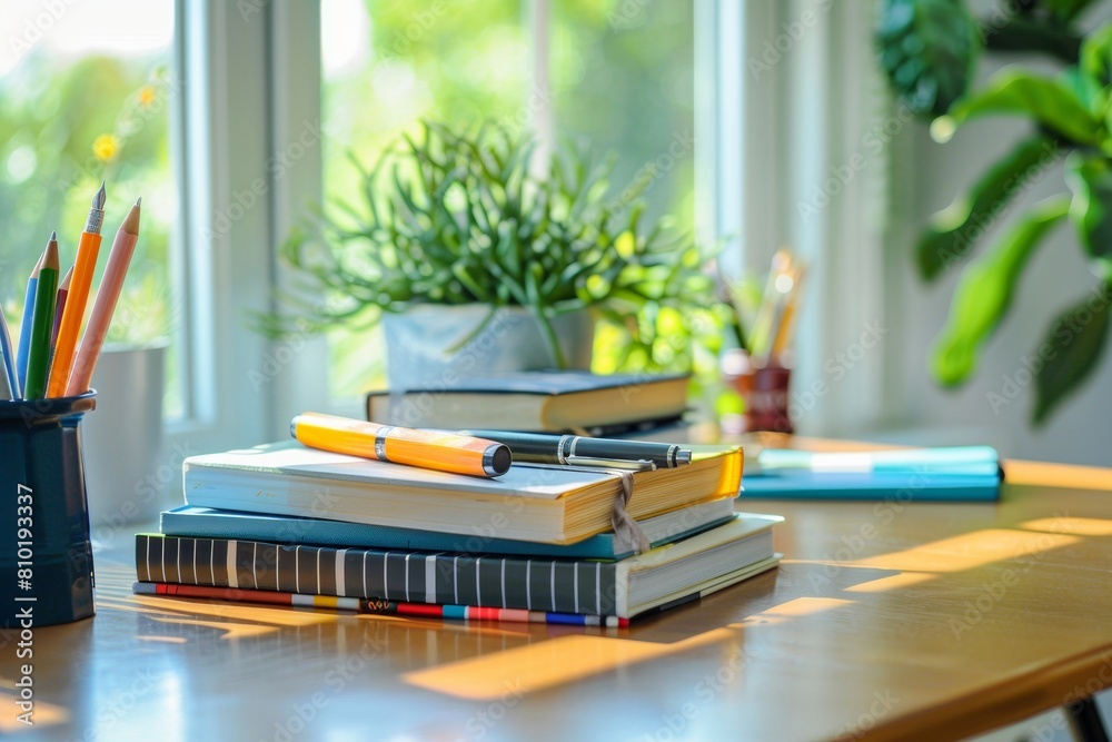 Poster a wooden table adorned with a collection of books and pencils, providing an inspiring haven for crea