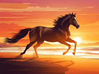 Portrait of a majestic beautiful horse running on sea coast in sunset light.