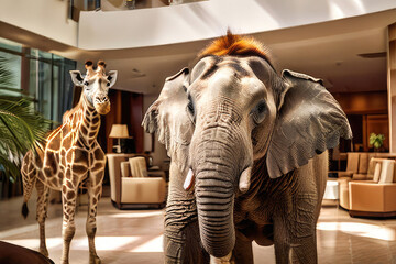 Funny majestic large animals inside the hotel interior.