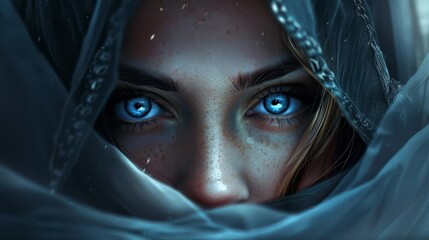 emotional portrait of a prayerful woman with piercing blue eyes veiled biblical character illustration