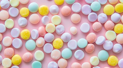 A colorful assortment of candy balls and sprinkles on a pink background