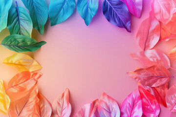 vibrant multicolored leaves arranged in a circle on a pastel pink background, copy space for text