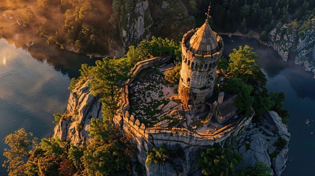 Aerial Shot of Historic European Tower. Beautiful Evening Photography at Sunset.