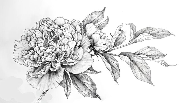 Black-and-White Line, Drawing of a Peony Flower. Beautiful Hand Drawn Rose Isolated on a White Background.