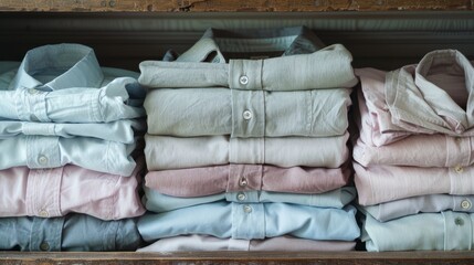 Drawer showcasing folded shirts in delicate pastel hues, contrasted against a soft gray backdrop, emphasizing tranquility and organization