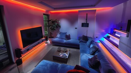 Create a cozy modern living room with a comfortable sectional sofa, a large flat-screen TV, and LED strips lining