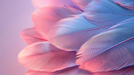 soft pink and blue bird feathers close up with iridescent tips on pastel background