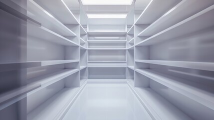 Empty shelving in a tidy closet environment, focusing on the clean lines and smooth surfaces of the storage area