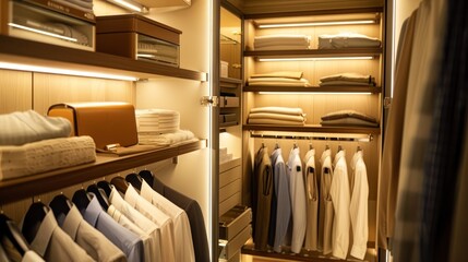 Gentle, soft lighting in an organized closet, showcasing the efficient use of space in a tranquil and tidy environment