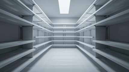Obraz premium Empty shelving in a tidy closet environment, focusing on the clean lines and smooth surfaces of the storage area