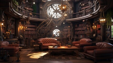 Shape a wizard's library living room with mystical tomes and intricate magical detailing
