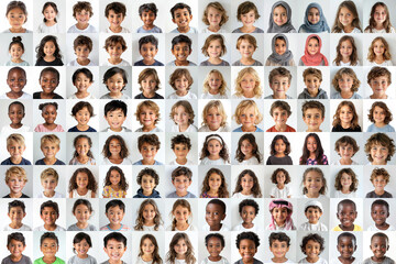 composite portrait of little children of different cultures headshots on white background, including all ethnic, racial, and geographic types  children in the world on white background