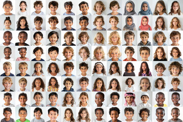 composite portrait of little children of different cultures headshots on white background, including all ethnic, racial, and geographic types  children in the world on white background - Powered by Adobe